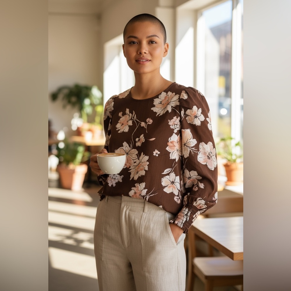 Pleione BROWN A pretty floral printed blouse Size S Autumn ,Fall 100%polyester